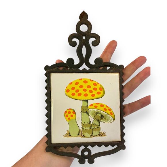 Vintage 70s White Tile Black Cast Iron Yellow Orange Mushrooms Wall Art Trivet - Picture 10 of 16